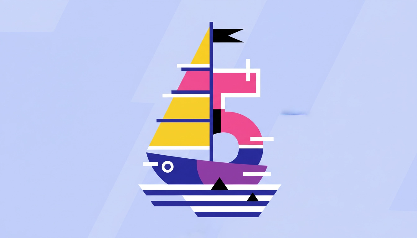 Artistic illustration of the number 5 in the shape of a boat in abstract style, used in Vox 5 branding.