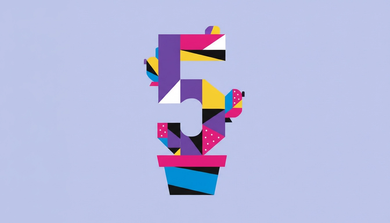 Artistic illustration of the number 5 in the shape of a cactus in abstract style, used in Vox 5 branding.